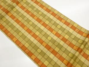 格子に花々・抽象模様織出し開き名古屋帯(額縁仕立て)